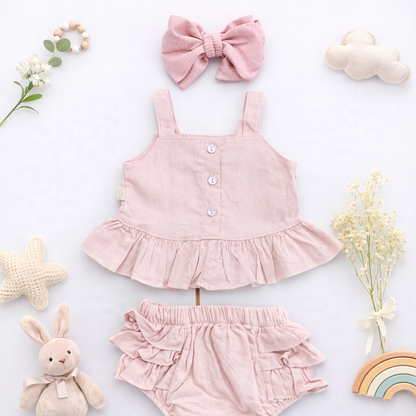 Set Blusita sin Mangas más Short más Moño para Bebé | DULCE AMAPOLA