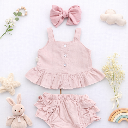 Set Blusita sin Mangas más Short más Moño para Bebé | DULCE AMAPOLA